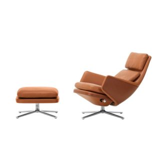 Grand Relax & OttomanGrand Relax & Ottoman - Kleur onderstel: gepolijst, Bekleding: Leder Premium F cognac, Bekleding rug/zit contour: Leder Forte